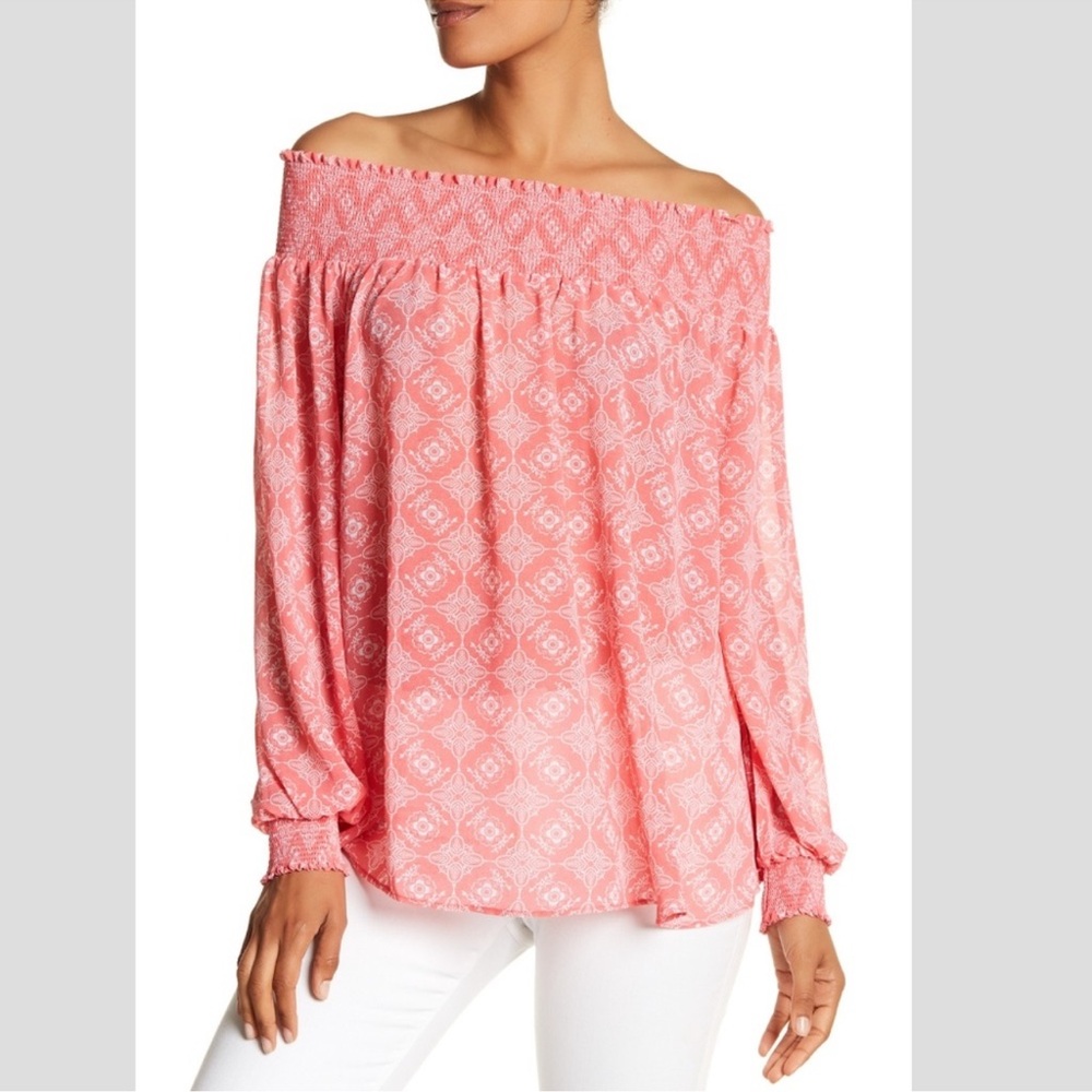 Macbeth Collection Printed Off-the-Shoulder Blouse Coral Medium